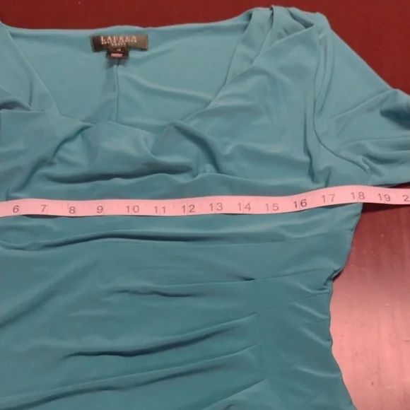 Lauren Ralph Lauren Asymmetrical Ruched Cowl Neck Dress in Blue Green - Picture 9 of 15